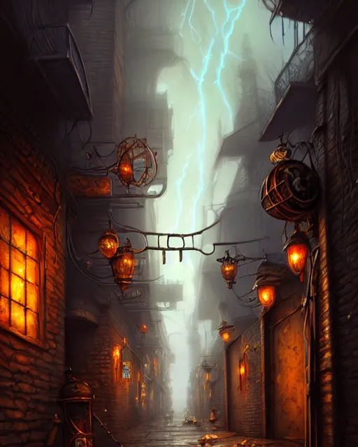 Image similar to street view of an otherworldly alley in the planescape city named sigil, crowded, beautiful digital painting in the style of wlop, volumetric lightning, intricate details, ultra realistic, by art germ, by gerard brom, steampunk, fantasypunk, deep colors, amazing d & d art, trending cgsociety, artstation, sharp