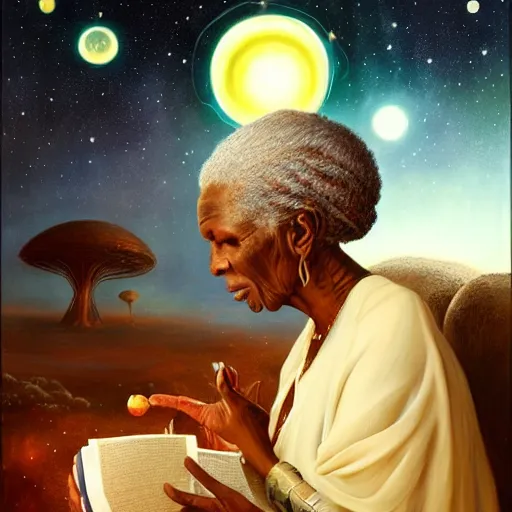 Image similar to an elder african psychic woman reading her crystal ball under a meteor shower, greg rutkowski and android jones and amanda sage, oil on canvas, 8k
