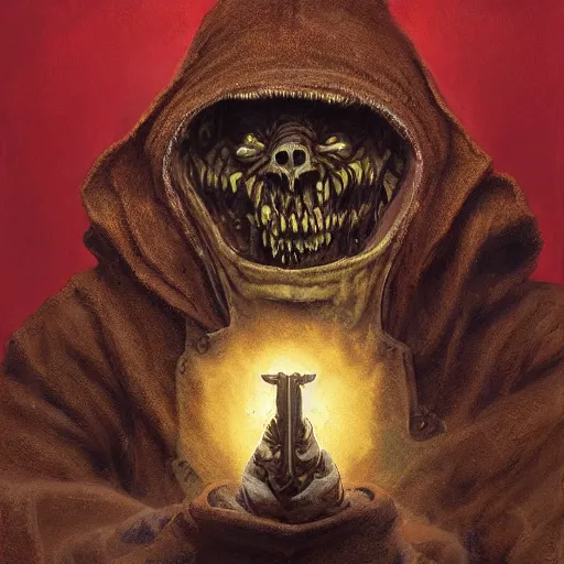 Prompt: grinning hellpunk the thieving Goblin wearing a grubby brown hoodie sweater whilst pointing a dagger at you chris cold marc simonetti ross tran greg rutkowski dan witz john currin vik muniz robert gober oil painting