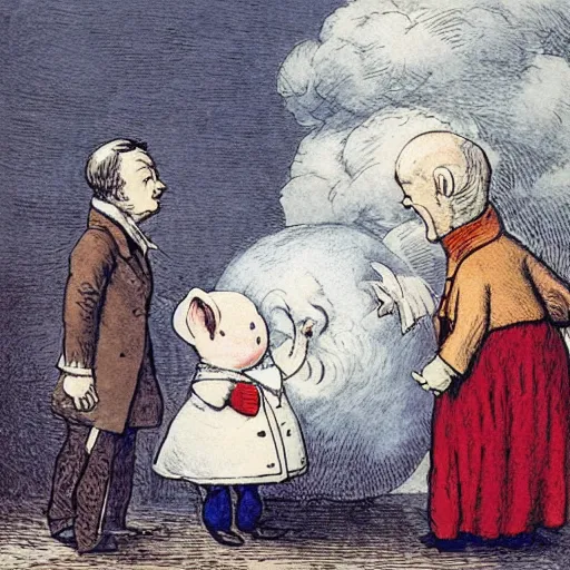 Image similar to candid portrait of white ball face speaking, surrounded by clouds, illustrated by peggy fortnum and beatrix potter and sir john tenniel