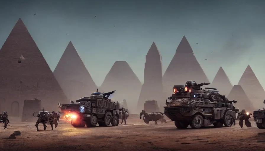 Prompt: a militarized police vehicle with mounted weapons riding through an orwellian egyptian town, ornate pyramids in the background, furious action scene, an epic fantasy, dramatic lighting, cinematic, establishing shot, extremely high detail, photorealistic, cinematic lighting, artstation, octane render, by simon stalenhag, horizon forbidden west