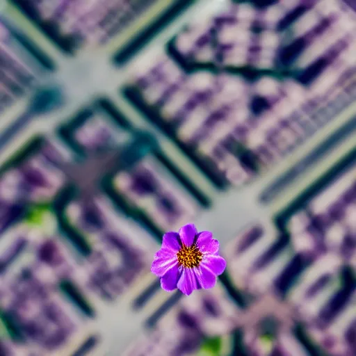 Prompt: closeup photo of purple flower petal flying above a city, aerial view, shallow depth of field, cinematic, 8 0 mm, f 1. 8