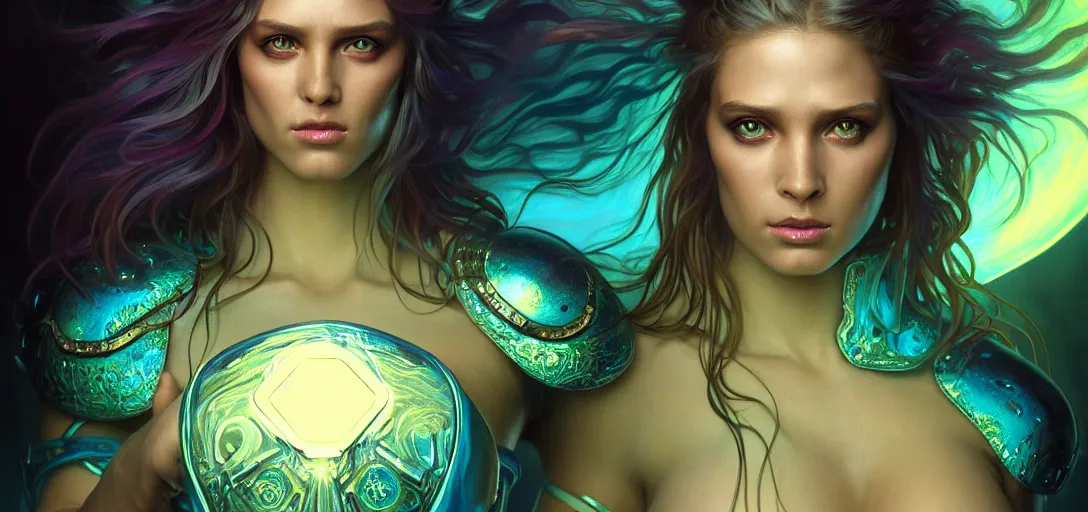 Image similar to epic fantasy render portrait of a beautiful bioluminescent woman wearing shiny plastic armor bathing in a lake, dark retrowave, highly detailed, digital painting, cinematic, hyperrealism, rpg portrait, dynamic lighting, art by boris vallejo and stefan kostic and magali villeneuve and alphonse mucha, artstation, octane render, cgsociety