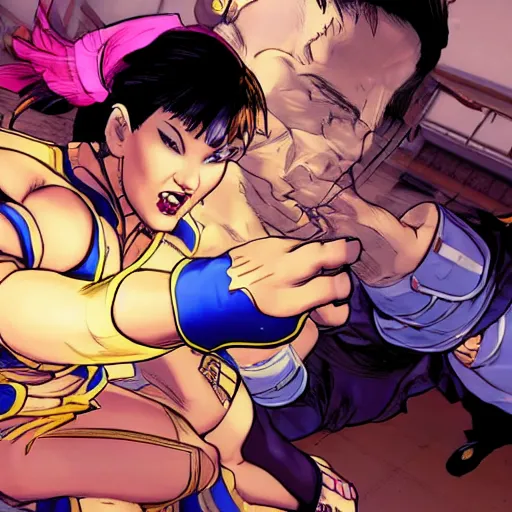 Image similar to chun li fighting hobbs in street fighter v by bill watterson