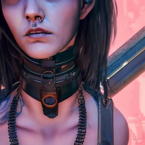 Image similar to detailed realistic cyberpunk female character cyberpunk wearing leather steel collar around neck, realistic, art, beautiful, 4K, collar, choker, collar around neck, punk, artstation, detailed, female, woman, choker, cyberpunk, neon, punk, collar, choker, collar around neck, thick collar, choker around neck, wearing choker, wearing collar,