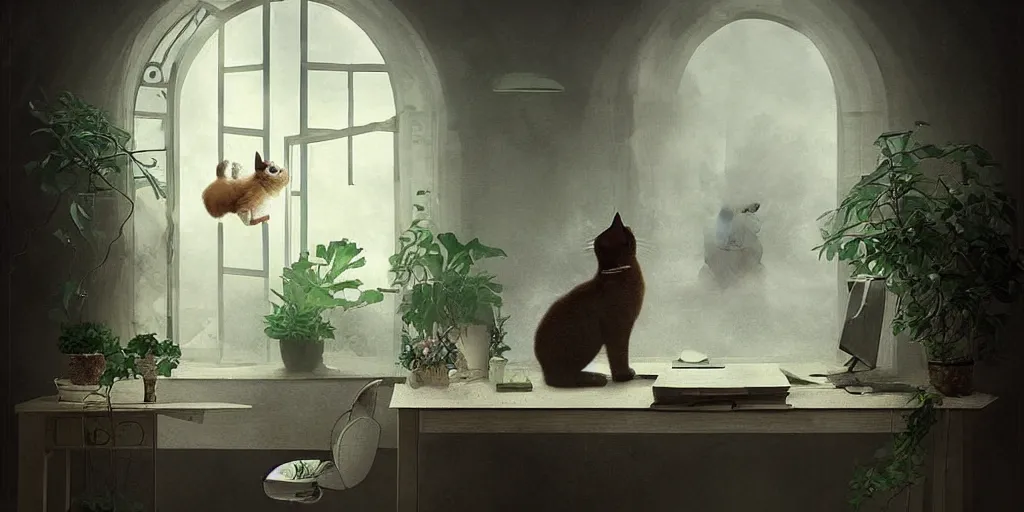 Image similar to a cat on a desk in an office with mirrors potted plants a gloomy and strange atmosphere a bit of mist ornate walls and luminous fish entering through the window by nikolina petolas