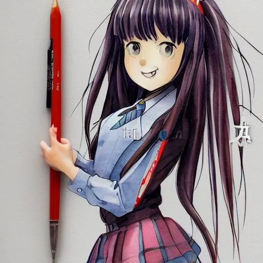 Image similar to a perfect, realistic professional digital sketch of a Japanese schoolgirl in style of Marvel, full length, by pen and watercolor, by a professional American artist on ArtStation, a hollywood-style sketch, on high-quality paper