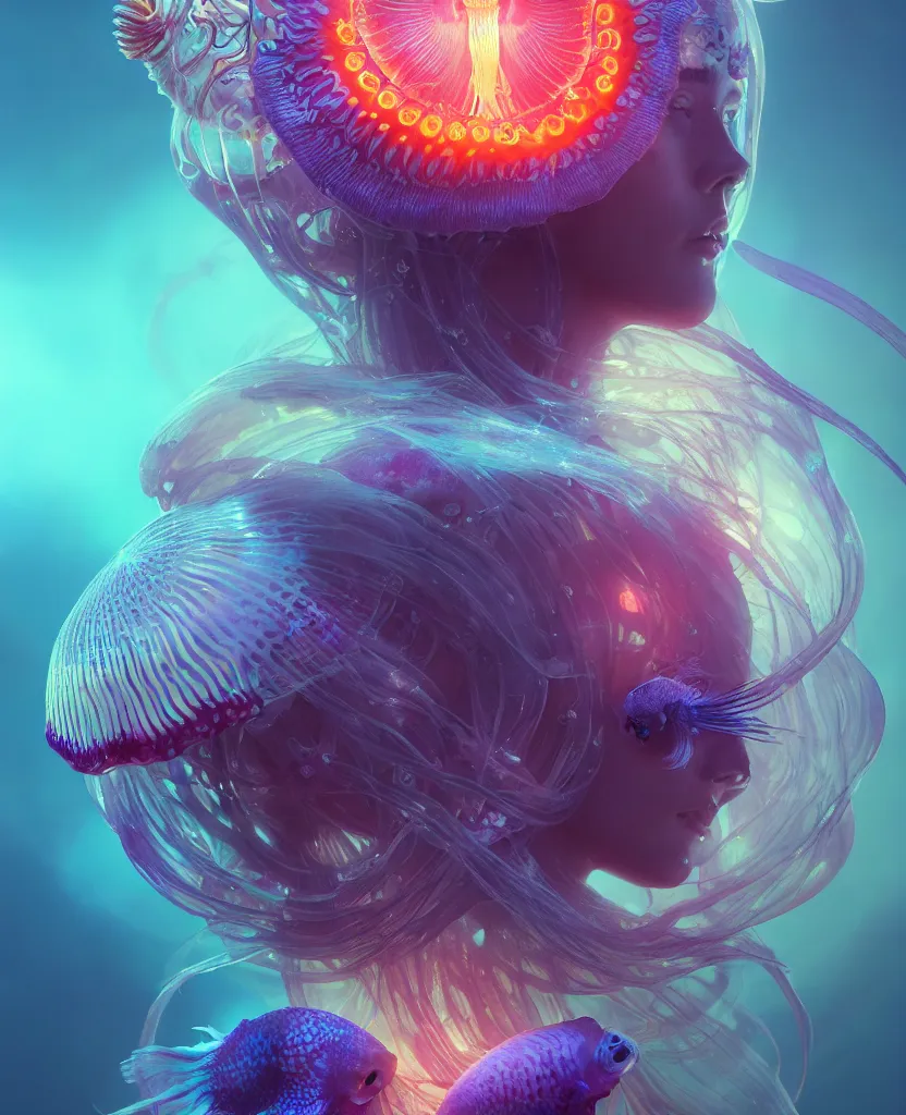 Image similar to goddess close-up portrait. jellyfish phoenix head, nautilus, orchid, skull, betta fish, bioluminiscent creatures, intricate artwork by Tooth Wu and wlop and beeple. octane render, trending on artstation, greg rutkowski very coherent symmetrical artwork. cinematic, hyper realism, high detail, octane render, 8k