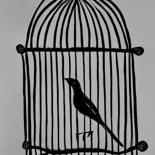 Image similar to a painting of a bird in a cage, black and white