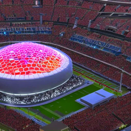 Image similar to a futuristic stadium in the middle of a city, hexagonal shaped, hexadome, unreal engine, epic lighting, crowd cheering,