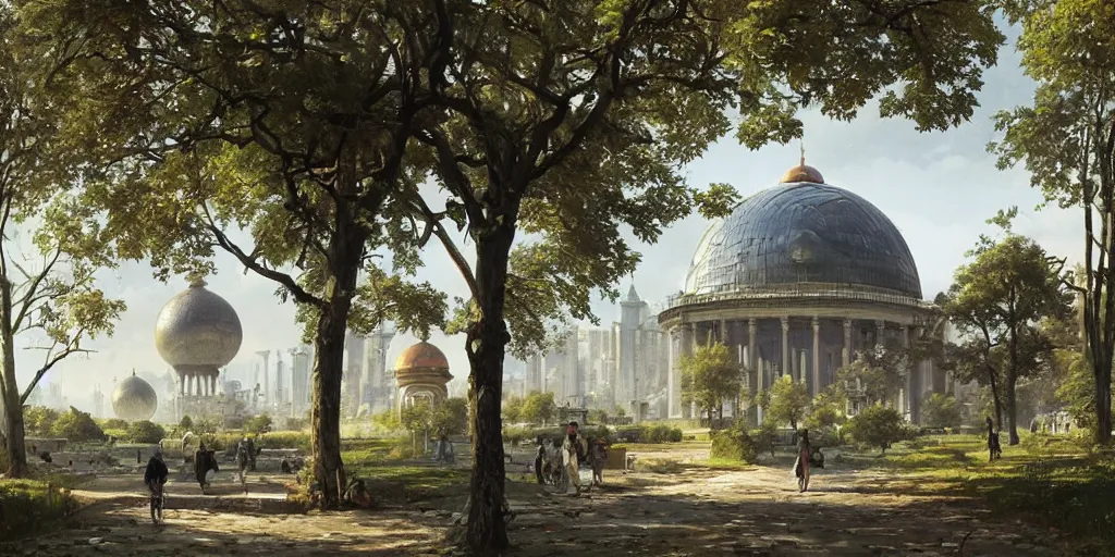 Image similar to a solarpunk city and park with a glorious domed building at its centre, Greg Rutkowski and Ivan Shishkin