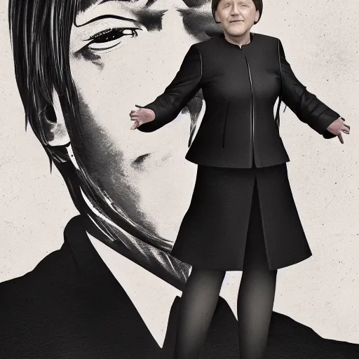 Image similar to detailed angela merkel portrait black leather gantz clothes by shunya yamashita