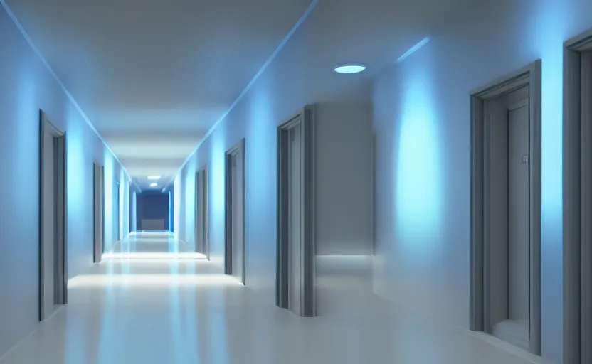 Image similar to an hallway in hospital with soft blue lights in the roof, octane render, artstation trending, highly detailded