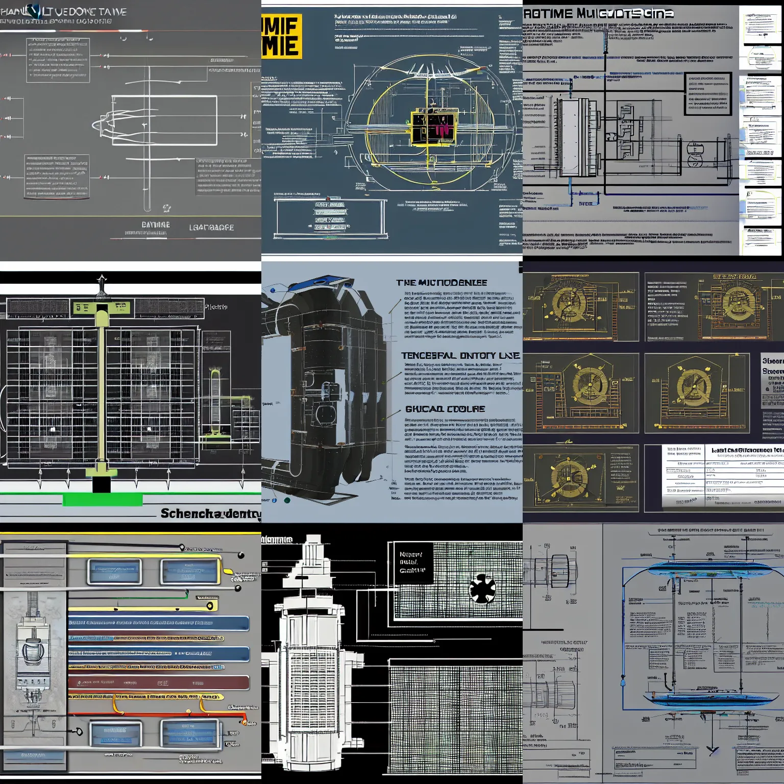 Prompt: schematics for a nuclear time machine, technical documents, callouts, legend