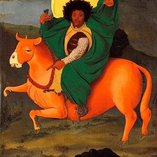 Prompt: black man with afro hair wearing an army green cloak, riding!!! an orange!! bull!!!, renaissance style painting, stunning detail and accuracy