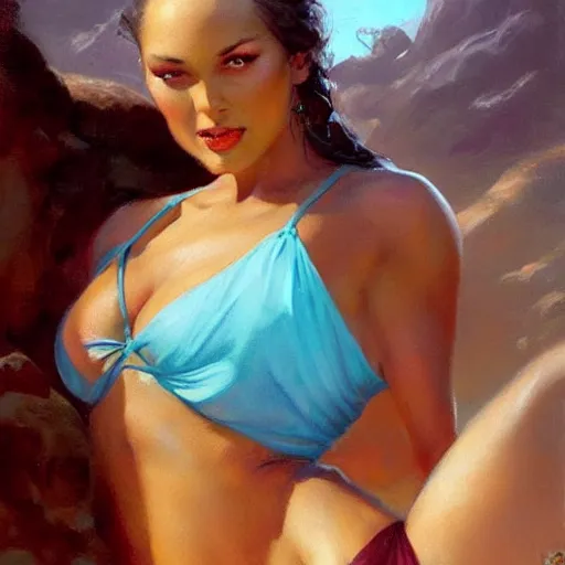 Image similar to A beautiful oil painting of a pretty old lady in a bikini by Lucas Graciano, Frank Frazetta, Greg Rutkowski, Boris Vallejo, epic, fantasy, character art, high fantasy