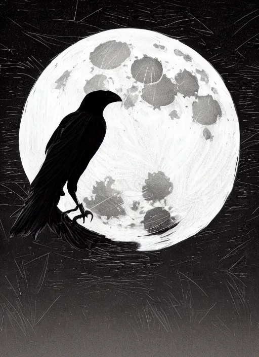 Image similar to portrait, A crow in front of the full big moon, book cover, red white and black colors, establishing shot, extremly high detail, foto realistic, cinematic lighting, pen and ink, intricate line drawings, by Yoshitaka Amano, Ruan Jia, Kentaro Miura, Artgerm, post processed, concept art, artstation, matte painting, style by eddie mendoza, raphael lacoste, alex ross