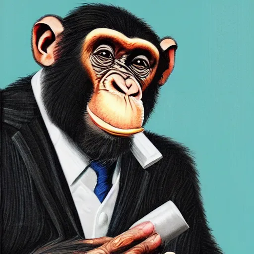 Prompt: a high detail portrait of a chimp wearing a suit 👔,and smoking🚬