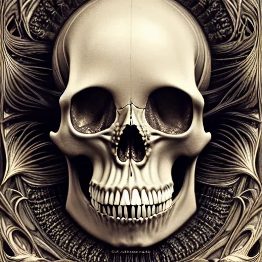 Prompt: detailed realistic beautiful ornate porcelain skull portrait by jean delville, gustave dore, iris van herpen and marco mazzoni, art forms of nature by ernst haeckel, art nouveau, symbolist, visionary, gothic, neo - gothic, pre - raphaelite, fractal lace, intricate alien botanicals, ai biodiversity, surreality, hyperdetailed ultrasharp octane render