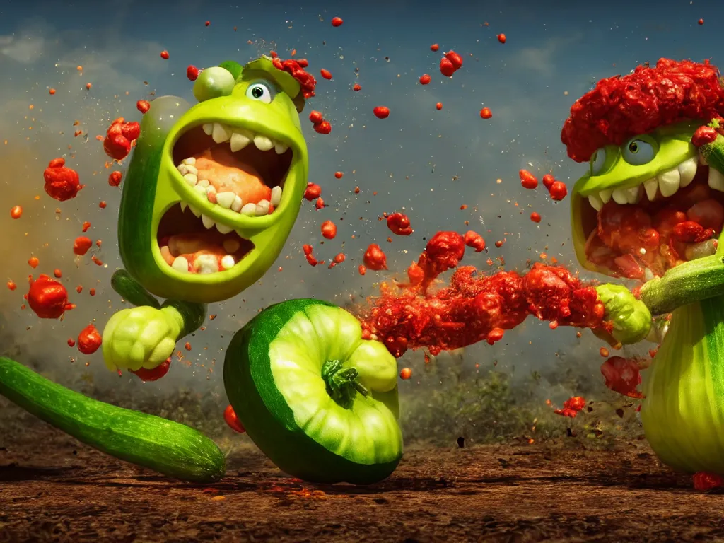 Image similar to detailed 3 d render of a raging zucchini character with peeler tool running on dirt road, scared tomates scattered everywhere, high speed action, explosions, dramatic scene, hyper realistic octane render, cinematic lighting, splatter, deviantart, black sky, lowbrow, frame from pixar movie