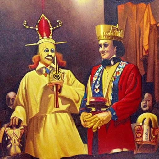 Prompt: Ronald McDonald Burger King coronation ceremony official lesser key of solomon masonic highly symbolic oil painting Turkish broadcast 720p film grain DVD rip