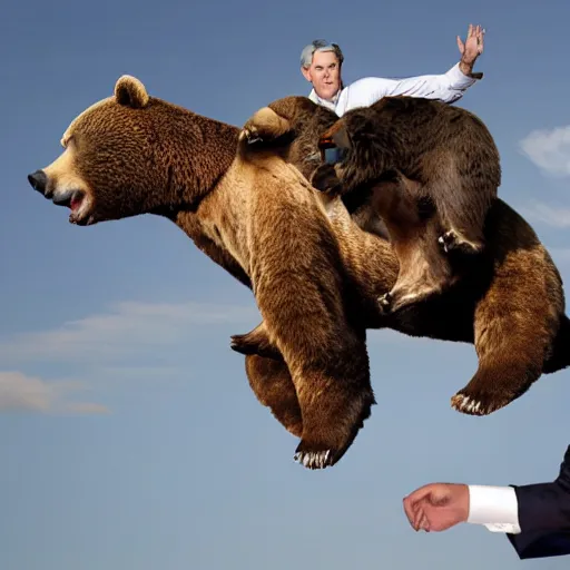 Prompt: photo of jerome powell riding on top of a bear, epic pose