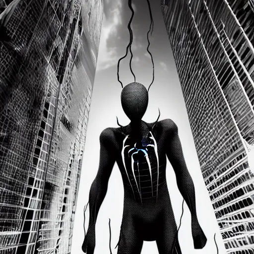 Prompt: black and white ugly scary spider - man with red mask with tentacles in a torn suit flies between huge skyscrapers by tsutomu nihei, black and white, comic, cinematic, no color, detalized new york background