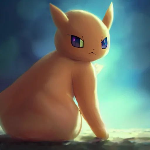 Prompt: cinematic portrait of beautiful Mew Pokemon on blue bubble, oil on canvas, masterpiece, trending on artstation, featured on pixiv, cinematic composition, dramatic pose, beautiful lighting, sharp, details, hyper-detailed, HD, HDR, 4K, 8K