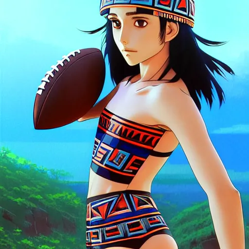 Image similar to beautiful boyish natalie portman alluring gravure model, wearing aztec wooden mask helmet cap and leotard, elegant bulky aztec football gear subtle mayan patterns, elegant aztec bathing suit, gapmoe yandere grimdark, trending on pixiv fanbox, painted by greg rutkowski makoto shinkai takashi takeuchi studio ghibli, akihiko yoshida