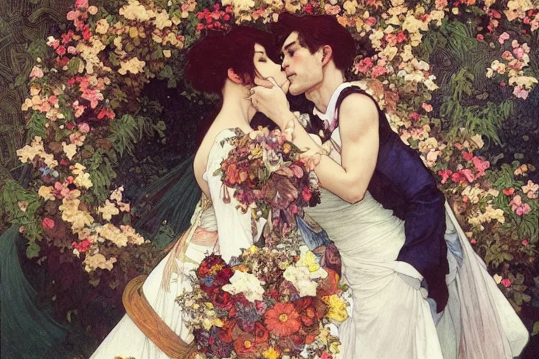 Image similar to the groom kisses the bride at a wedding full of flowers, bright and happy, dreamlike art, highly detail, 4 k realistic, wedding photoy krenz cushart. artem demura. alphonse mucha. yoji shinkawa artgerm. jon lothian. danilo torres. adi meyers. thomas reimann. gaston bussiere.