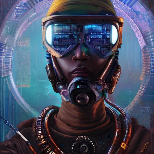 Image similar to a dogon cyberpunk hacker, steampunk stargate by greg rutkowski and android jones in a surreal portrait style, oil on canvas, ancient cyberpunk 8k resolution