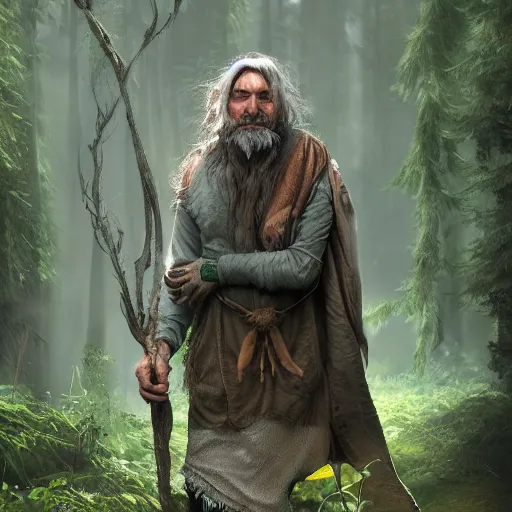 Image similar to realistic a human hobo druid with nature magic around, fantasy book, d & d, high detail, 8 k, octane render painting, dark fantasy