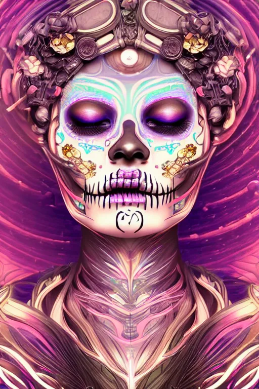 Image similar to ultra detailed female android deity, eyes closed, 8 k, flowerpunk, psychedelic vector art, digital painting, sci - fi, fantasy, moody, calm, ( dia de los muertos ), asymmetrical, concept art, art by artgerm and giger and michael welan and alphonse mucha and loish and wlop