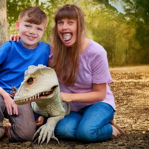 Image similar to a family portrait of a family with a pet dinosaur, cute, uhd, 8k, award winning,