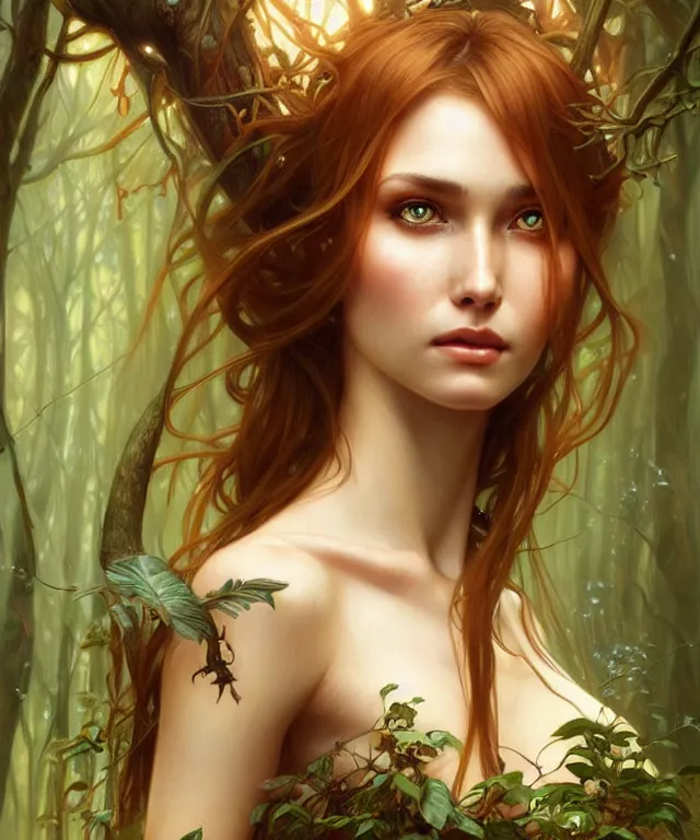 Prompt: Forest nymph woman portrait, amber eyes, face, long hair, fantasy, intricate, elegant, highly detailed, digital painting, artstation, concept art, smooth, sharp focus, illustration, art by artgerm and greg rutkowski and alphonse mucha