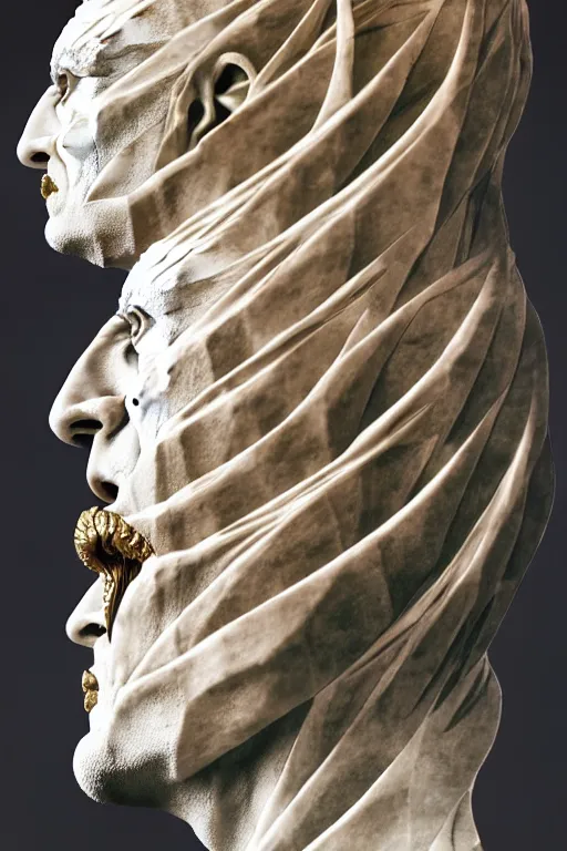 Image similar to Epic view of intricate stained Clown multiple faces looking backwards using a golden veil statue sculpted on white marble by Antonio Corradini, Wayne Barlowe and Artem Demura