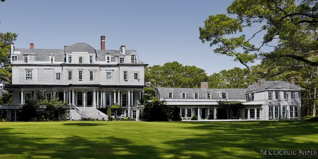 Image similar to grey brick wooden cape cod with pine trees and tile white black mansion by mcalpine house, by jackson & leroy architects