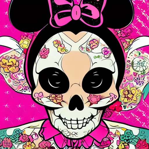 Image similar to anime manga skull portrait girl face minnie mouse detailed highres 4k Mucha and James Jean pop art nouveau
