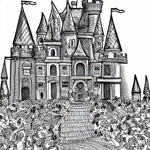 Prompt: storybook castle, detailed, 4 k, intricate, illustration, line art, lined paper, doodle