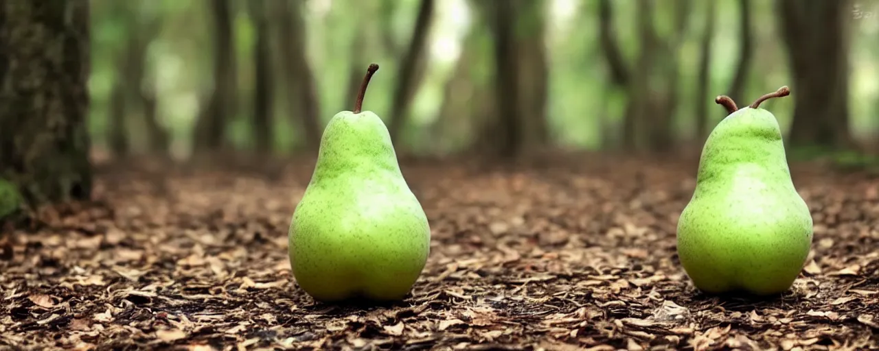 Image similar to a cute green pear animal walking in front of a forest, and looking at the camera; nature photography