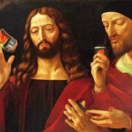 Prompt: a renaissance oil painting of jesus drinking coke