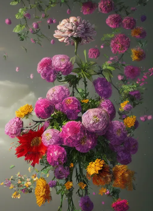 Image similar to An epic fantastic realism comic book style painting of the most beautiful flowers launched into space, bouquets, fisheye lens, unreal 5, DAZ, hyperrealistic, octane render, by Rachel Ruysch, dynamic lighting
