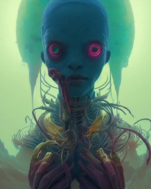 Image similar to highly detailed surreal vfx portrait of a sacred alien lifeform, stephen bliss, unreal engine, greg rutkowski, loish, rhads, beeple, makoto shinkai and lois van baarle, ilya kuvshinov, rossdraws, tom bagshaw, alphonse mucha, global illumination, detailed and intricate environment