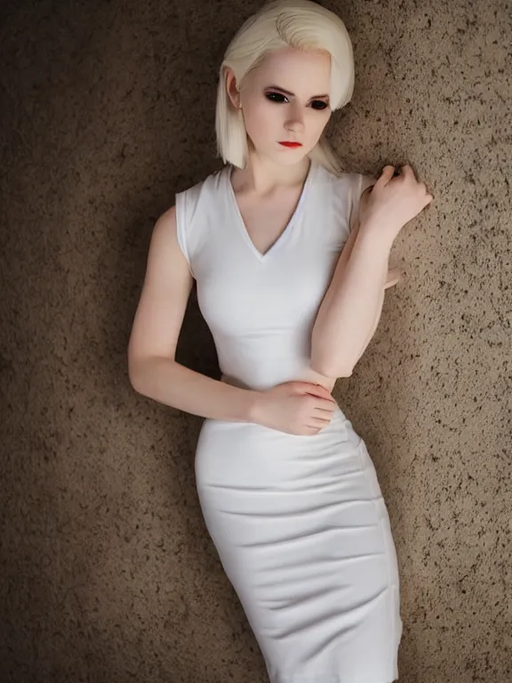 Image similar to studio photo of gorgeous seductive emily skinner cosplaying annie leonhart wearing tight white dress, beautiful face, pale skin, rule of thirds, cinematic lighting, sharp focus, backlit, stunning, smooth, hard focus, full body shot
