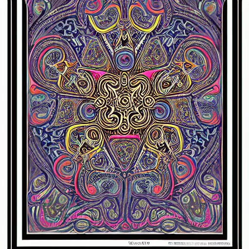 Image similar to Fillmore concert poster for The Bozone April 20, 1969 by Victor Moscoso and S. Clay Wilson, psychedelic, intricate paisley filigree mandala, day-glo colors, flowing lettering