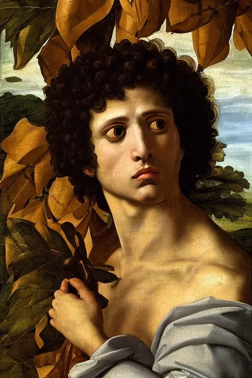 Image similar to renaissance painting of man, short curly hair, evil face, emotions closeup, dressed in roman armour, the beautiful garden with leaves, ultra detailed, art by Guido Reni style, Vincenzo Catena style