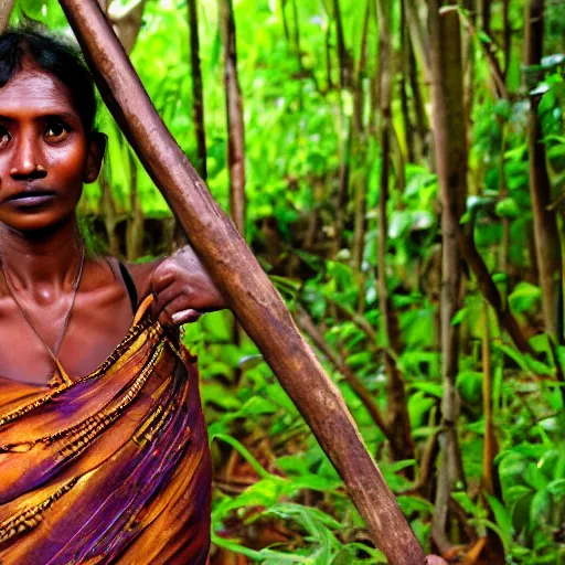 Prompt: sri lankan jungle woman hunter photo