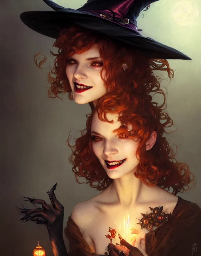 Image similar to halloween witch woman in a hat smiles, fantasy magic, undercut hairstyle, dark light night, intricate, elegant, sharp focus, illustration, highly detailed, digital painting, concept art, matte, art by wlop and artgerm and greg rutkowski and alphonse mucha, masterpiece