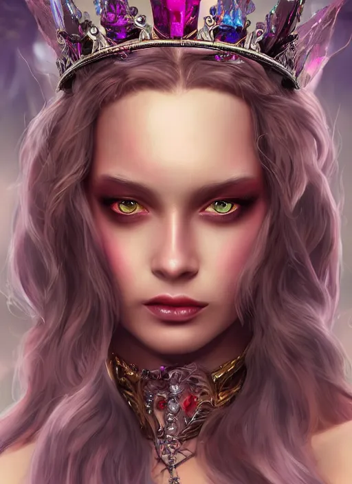 Image similar to mysterious evil princess with long hair and a crown, vivid colors, fantasy, elegant, concept art, sharp focus, beautiful face!!, digital art, Hyper-realistic, 4K, Unreal Engine, Highly Detailed, HD, Dramatic Lighting by Brom, trending on Artstation