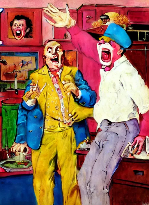 Prompt: dennis hopper screaming about the candy coloured clown in a kitchen, painted by norman rockwell and tom lovell and frank schoonover, pink and blue